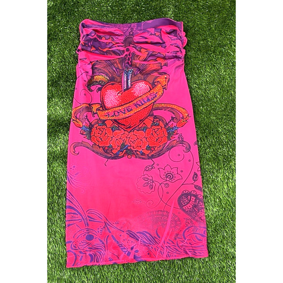 Knitro LOVE KILLS Rare Y2K Crystal Pink Tube Dress Made in USA One Size Clubwear - Picture 2 of 9